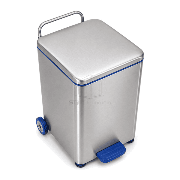 Elevated view of stainless pedal waste bin lid and perimeter seal