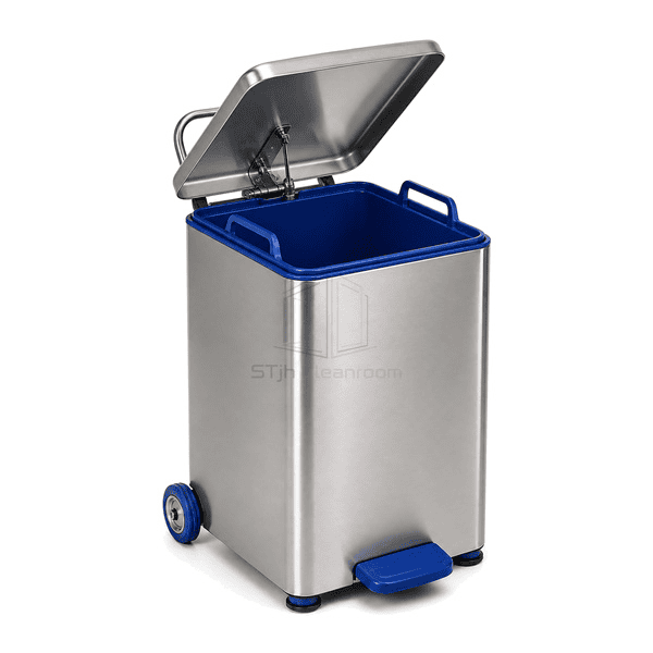 Open pedal waste bin showing blue removable bucket lid damper hinge and enclosed pedal linkage