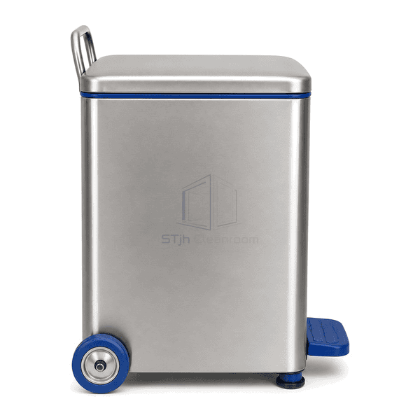 Side view showing pedal bin lid hinge rear wheels and front stabilizers