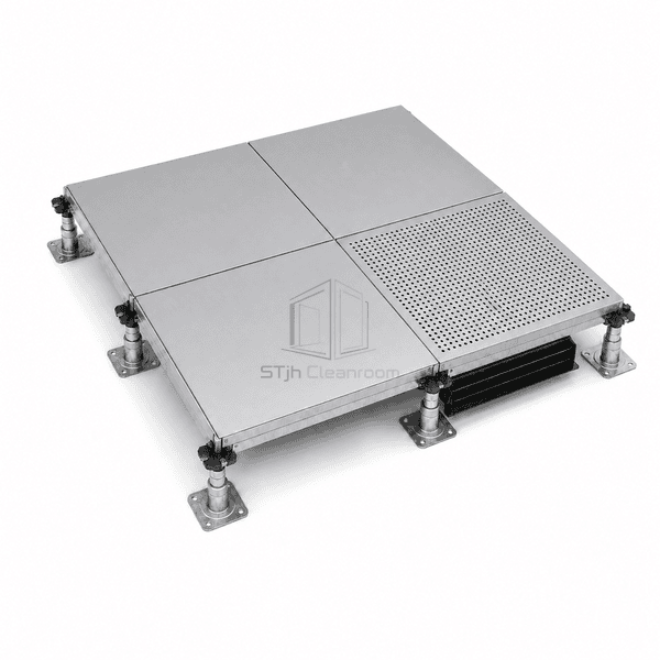 Two-by-two floor system with three solid panels and one perforated airflow panel