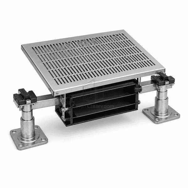 Slotted perforated steel panel with two pedestals and an adjustable black damper