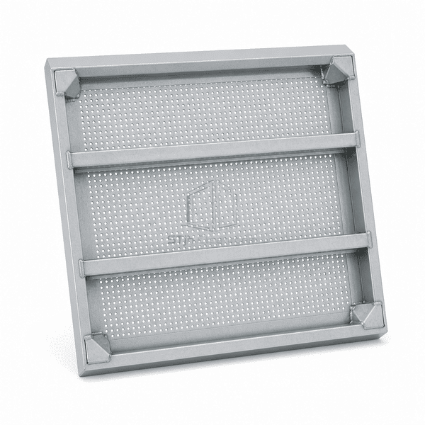 Underside view of the welded support frame on a perforated steel floor panel