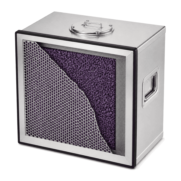 Close view of purple pellets refill port screen and gasket