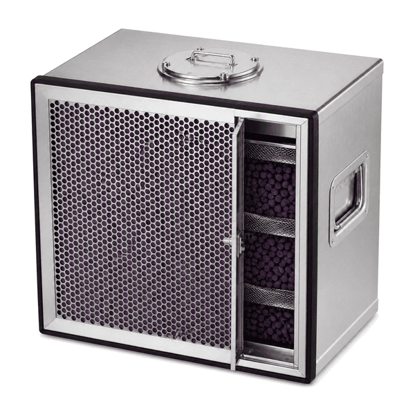 Cutaway side view of purple impregnated alumina bed
