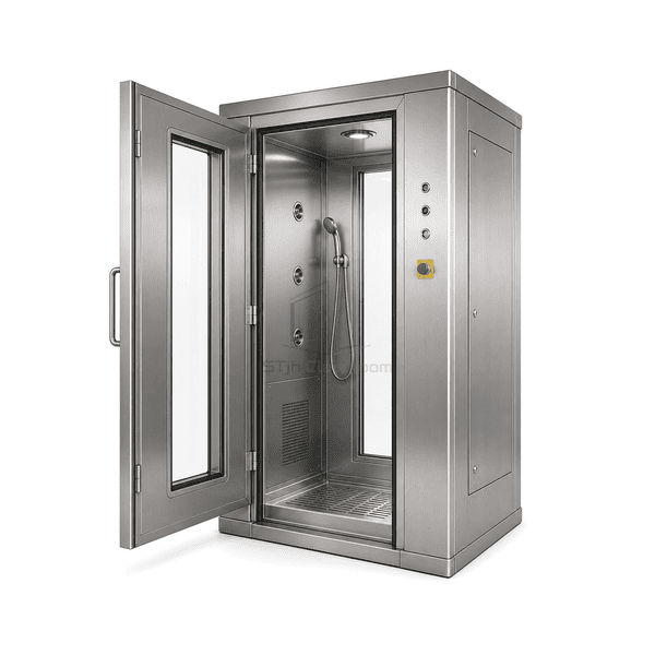 Open interior showing overhead spray, hand shower, grate and coved floor