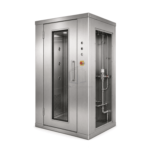 Side cutaway showing thermostatic water control and drain arrangement