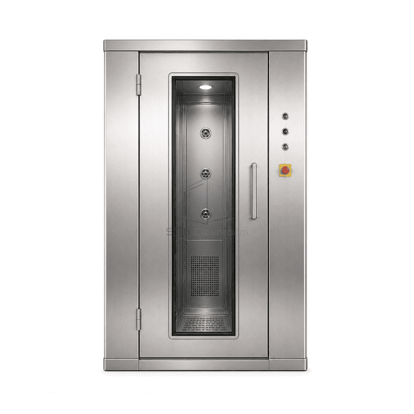Front view of the personnel shower door, status lights and emergency control