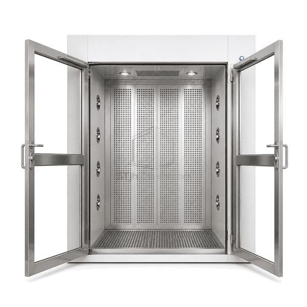 Front view of the dust-removal cabinet with its sealed personnel door