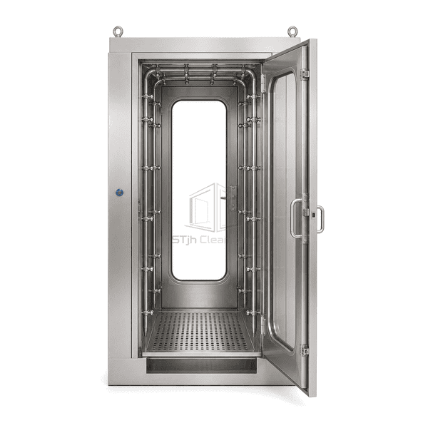 Front elevation of the misting shower and interlocked glass entry door