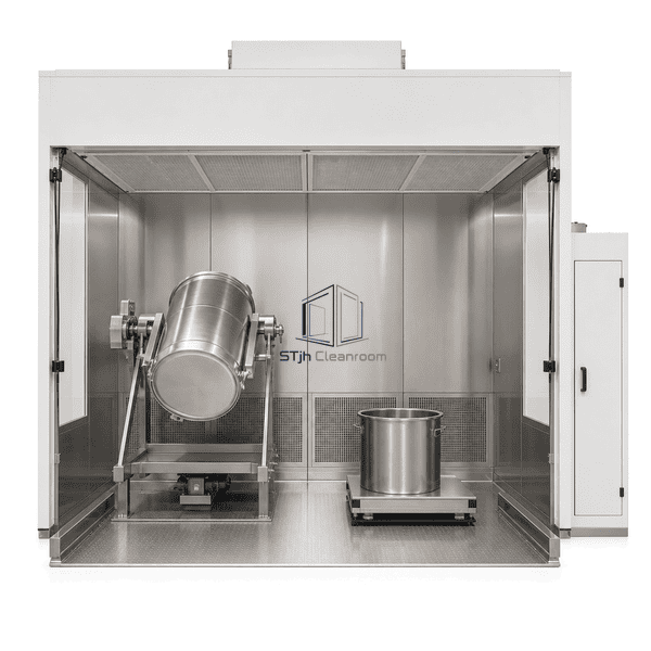 Front view into the open dispensing booth and low return wall