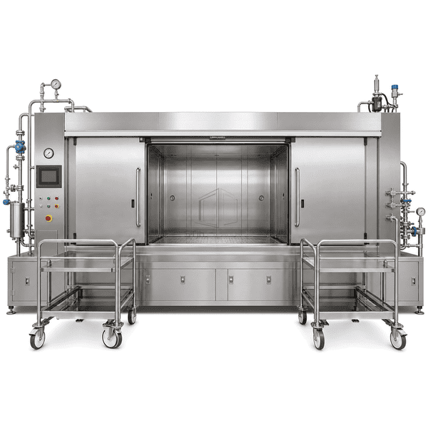 Wide pass-through steam autoclave with double doors and two loading trolleys