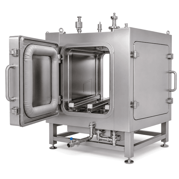 Complete pass-through autoclave with open chamber showing seal, rails and drain interfaces