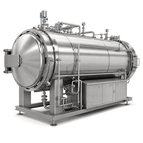 Pharmaceutical pass-through autoclave side view showing jacket, piping and opposite doors