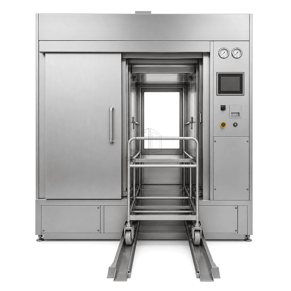 Pass-through autoclave full front view showing sliding door, controls and loading rails