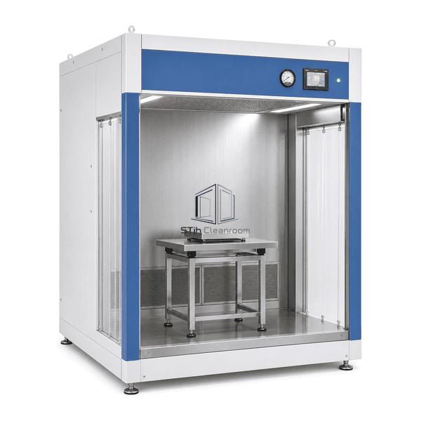 Open-front pharmaceutical weighing booth with stainless internal work zone