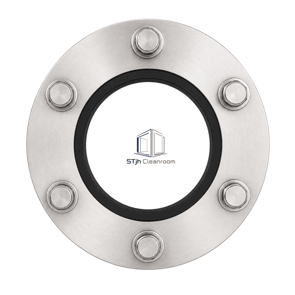 Complete horizontal view of a circular cleanroom pipe penetration seal