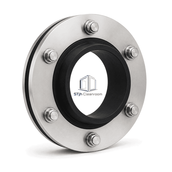 Reverse elevated view of pipe seal bore plates and six fasteners