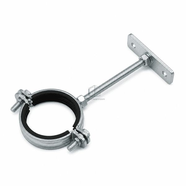 Complete horizontal view of a lined pipe support and ceiling hanger assembly