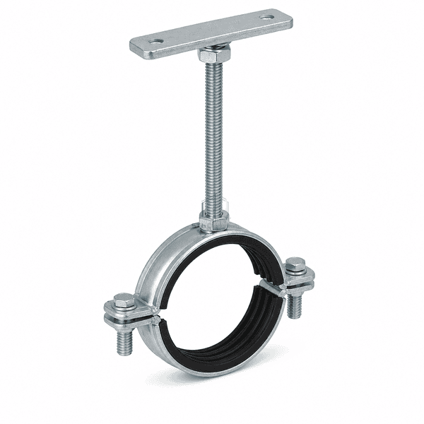Reverse elevated view of pipe hanger closing bolts and rod locknut connection