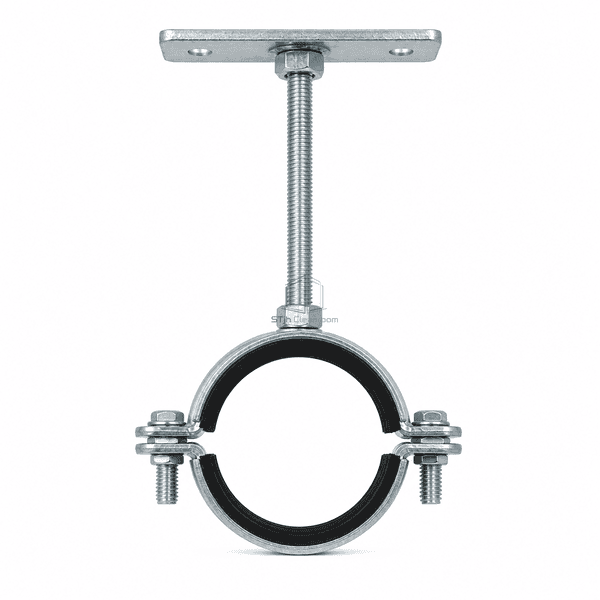 Front elevation of a galvanized split-ring pipe hanger with threaded rod