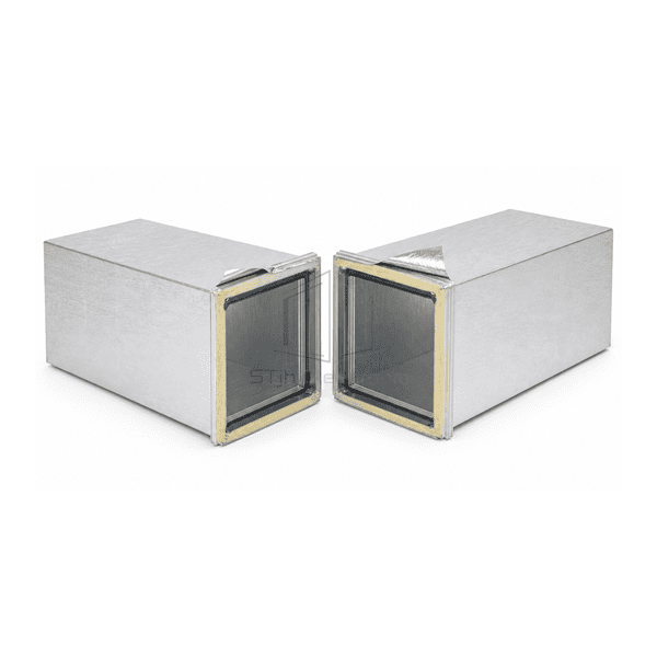 Close view of foil-taped PIR duct corner and aluminum joint profile