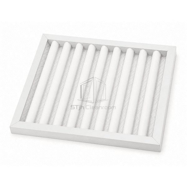 Low overhead view of a complete horizontal pleated pre-filter panel