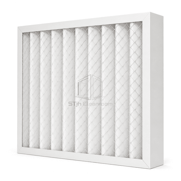 Rear view of pleated media supported by expanded wire inside the sealed white frame