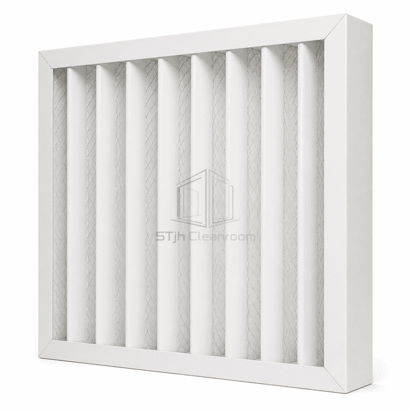 Three-quarter view of a wire-backed pleated HVAC pre-filter