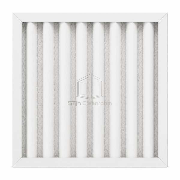 Straight front view of evenly spaced radial pleats in a pre-filter panel