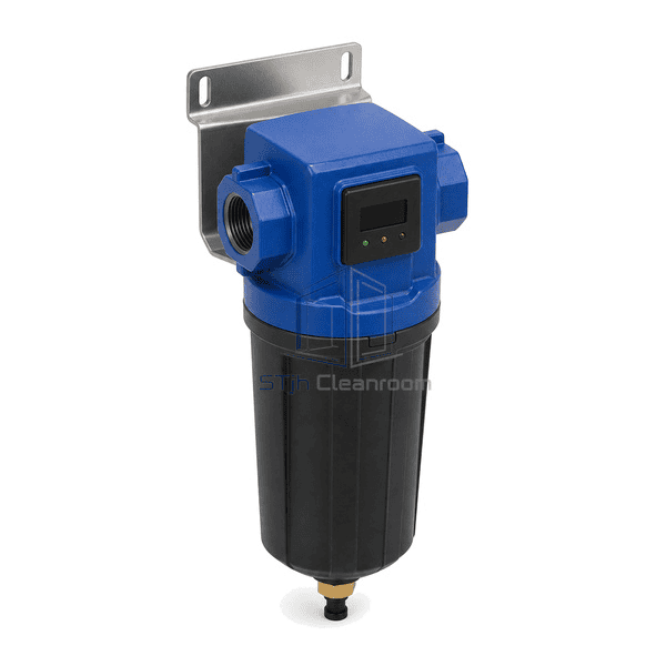 Complete point-of-use air filter elevated far-side view emphasizing the G 3/4 straight-through flow axis and adjustable wall mount