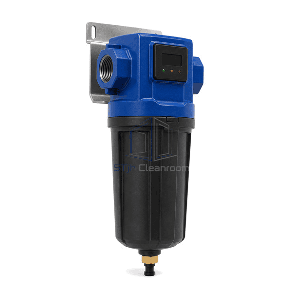 Complete point-of-use air filter low front-left view emphasizing the Economizer, bayonet bowl joint and KA 1/2 float drain