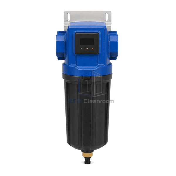 Point-of-use air filter straight front view showing the rotatable Economizer face, opposed ports and centered pneumatic drain