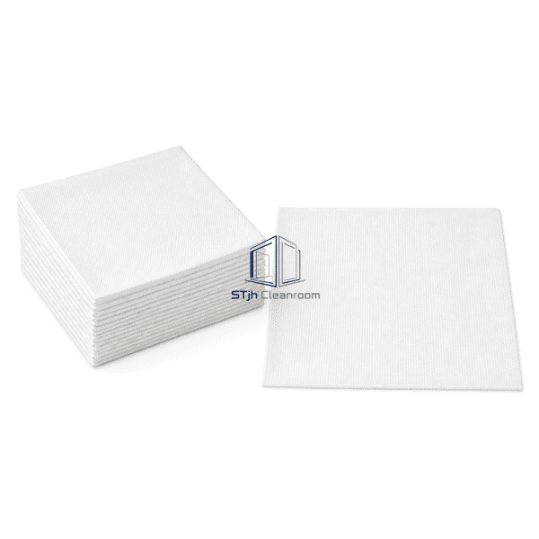 Horizontal full view of one unfolded polyester wipe beside the stack