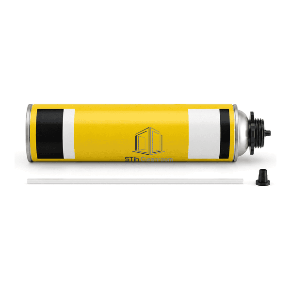 Complete horizontal polyurethane foam sealant can with parallel applicator straw
