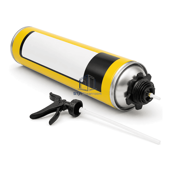 Valve-side view showing the polyurethane foam can threaded outlet and applicator connection