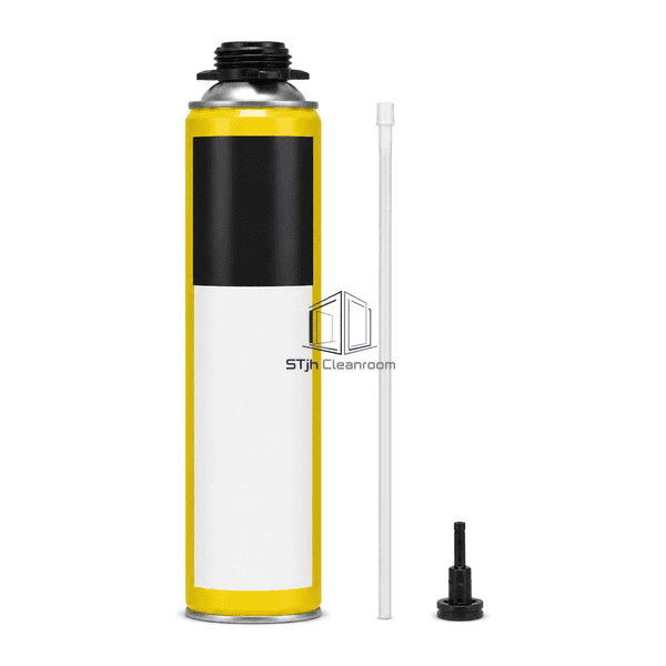 Upright front view of the polyurethane foam sealant can, straw and valve adapter