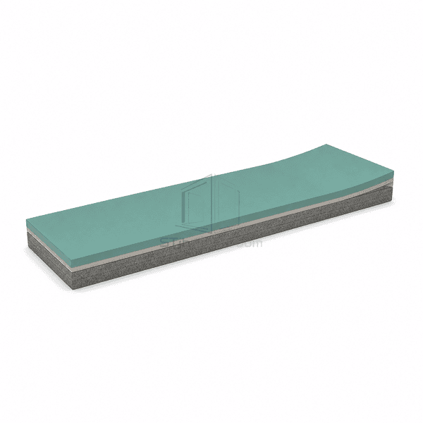 Long polyurethane self-leveling flooring strip with a gentle curved profile, teal resin finish, primer and concrete base