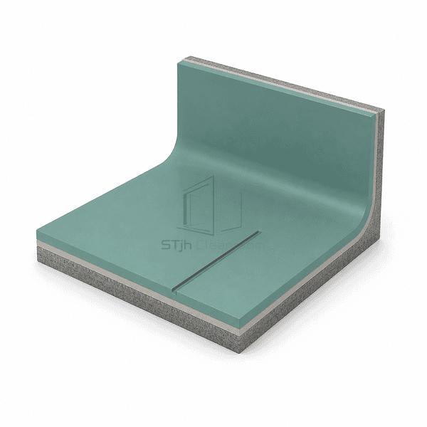 Polyurethane self-leveling flooring cove mockup with a rounded teal wall upstand and narrow dark flexible movement joint
