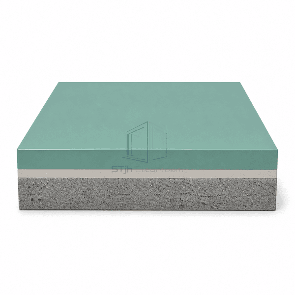 Low front layer view of polyurethane self-leveling flooring showing the teal resin body, neutral primer and concrete substrate