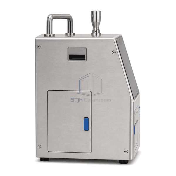 Portable particle counter side view showing stainless-steel enclosure depth