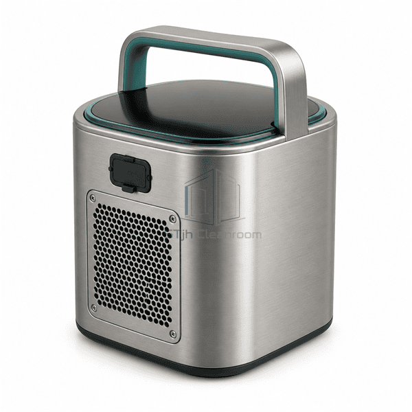 Rear three-quarter view of portable viable air sampler showing carry grip, HEPA exhaust grille and sealed connector
