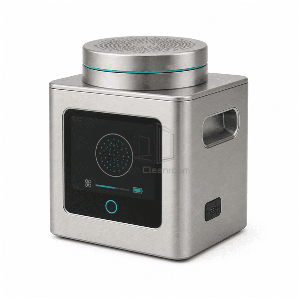 Right-side view of portable microbial sampler showing carry recess, lid seam and sealed USB port