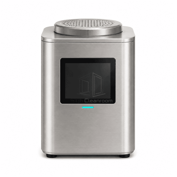 Front elevation of portable viable air sampler showing black touchscreen and teal status light