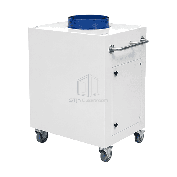 Top-side view of portable HEPA supply unit blue outlet collar handles and service door