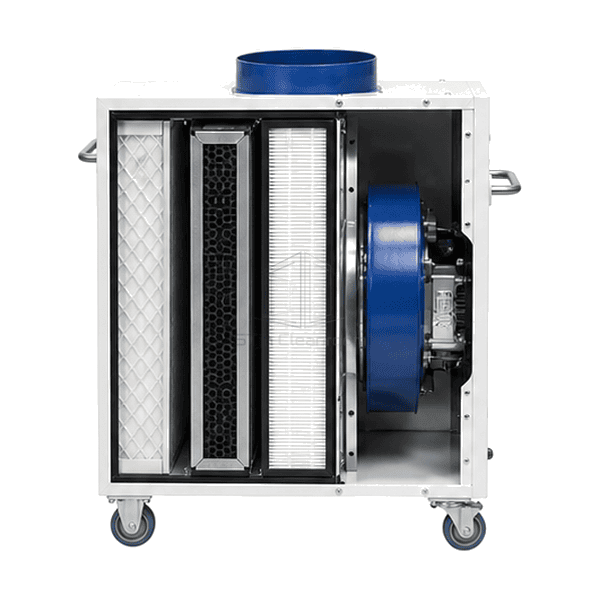 Cutaway side view showing prefilter EC blower downstream HEPA and clean-air plenum