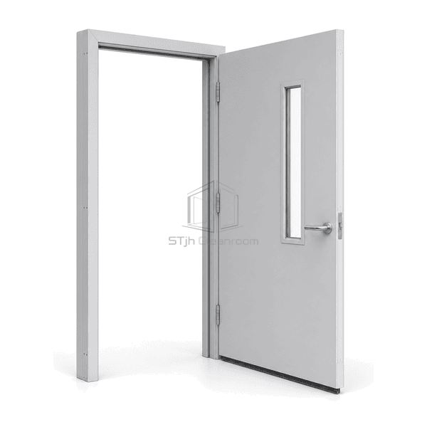 Open steel cleanroom door displaying the complete leaf and frame