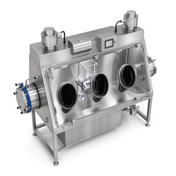 High-angle view of the one-way powder dispensing workflow