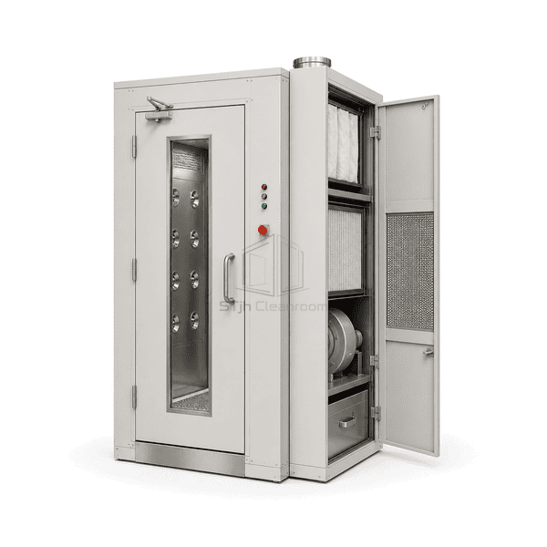 Service-side view of staged filters, extraction fan and dust collection section