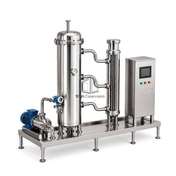 Pure steam generator side view of vertical heat exchanger and circulation piping