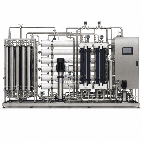 Purified water generation system straight front process layout